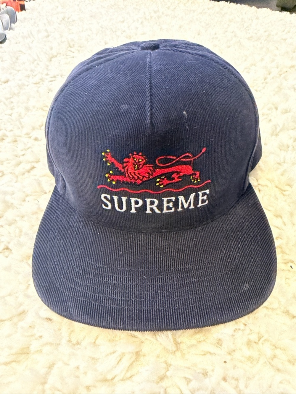 Supreme/Starter  Navy Cap with Red Embroidered Lion and White Logo